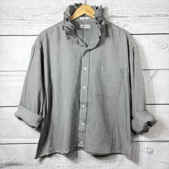 Chereskin Tops - Ruffle Collar Button up Blouse Reworked Upcycle Houndstooth Check XL or XXL Wmns